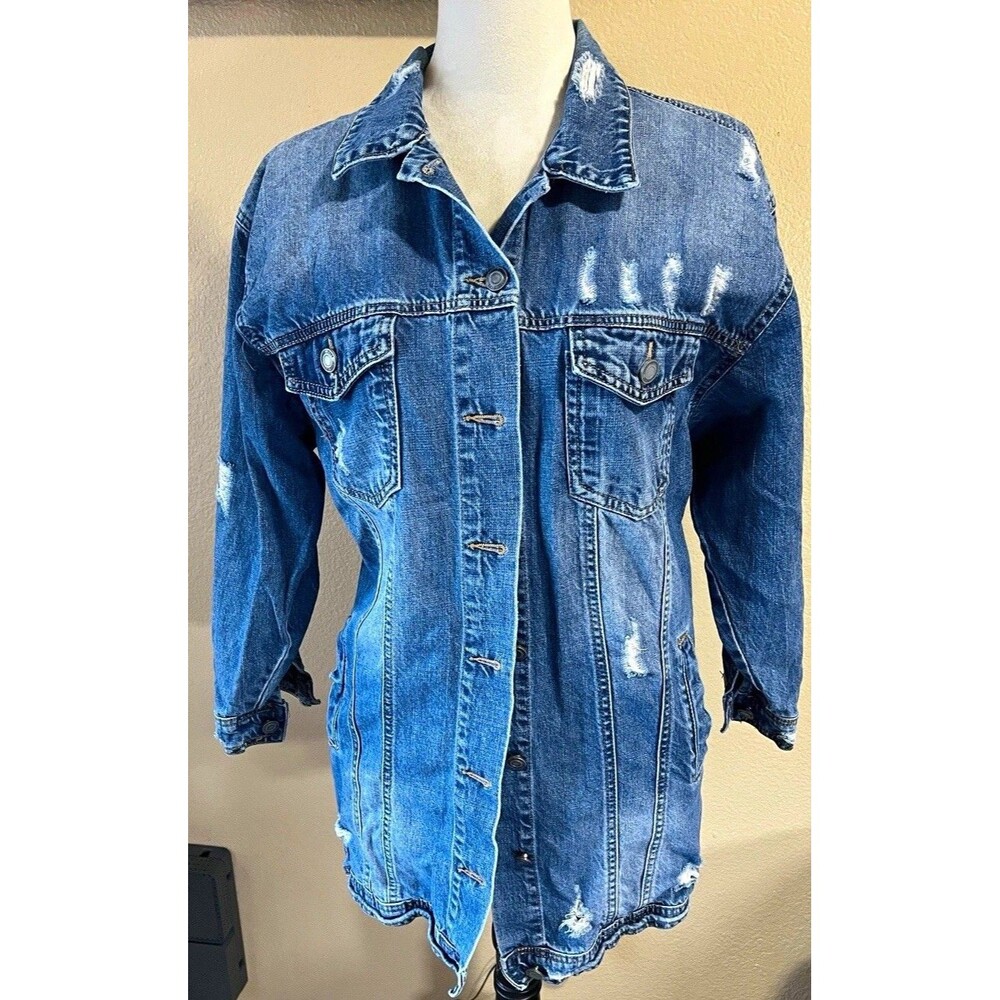 Oshun Womens Sz S Blue Distressed Denim Jean Jacket Long Oversized Trucker Blue